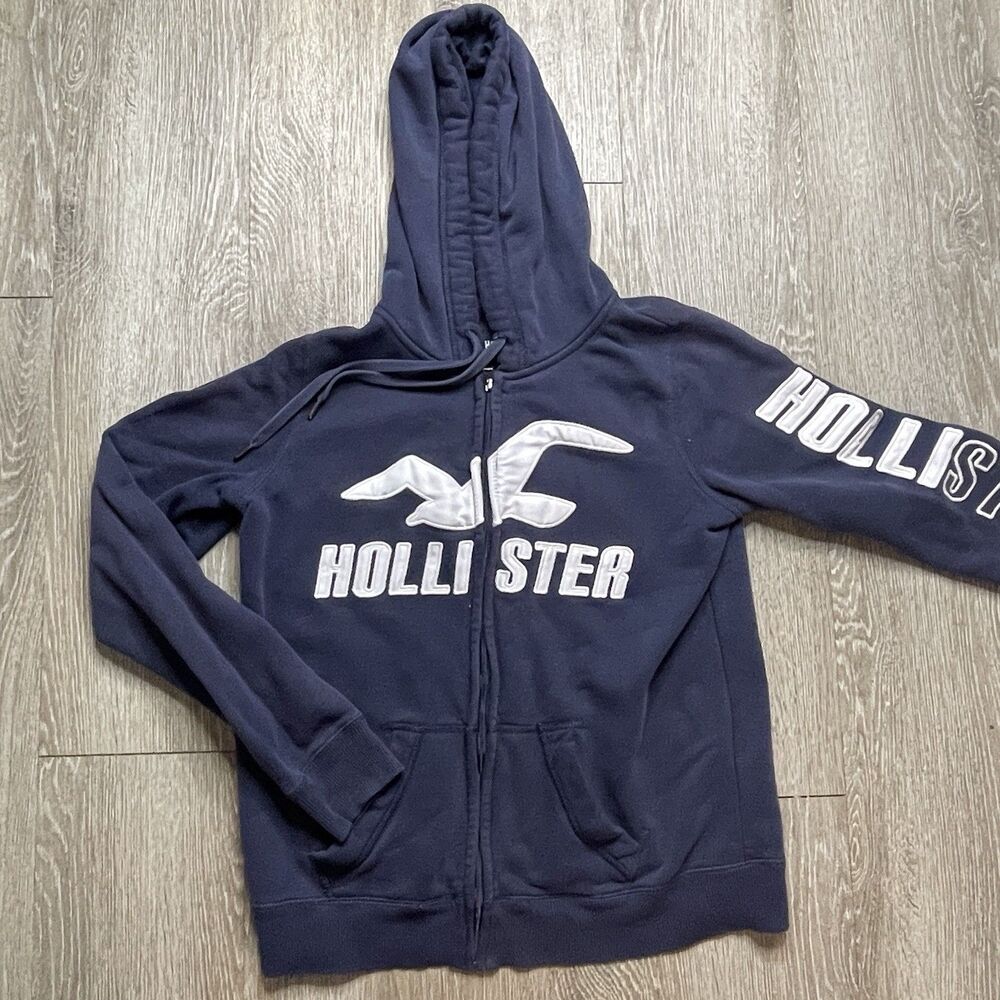 Hollister Women Blue Fleece Full Zip Hooded Hoodie with Pockets Size M